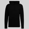 Mens long sleeve pleated stripes hoodie with lapel collar, black, worn casually