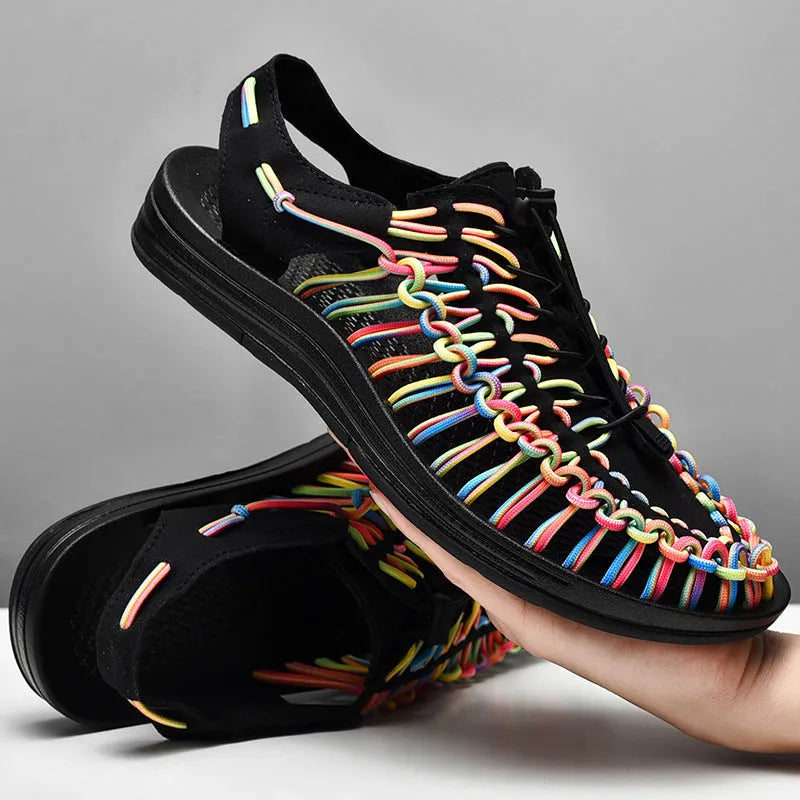 Woven Roman-style sandals with drawstring tie closure in multiple colour options