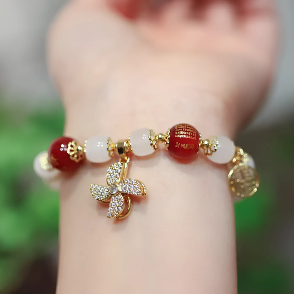 Fugui Safety Lock Windmill glass bracelet in Chinese style with safety lock and fu character motifs