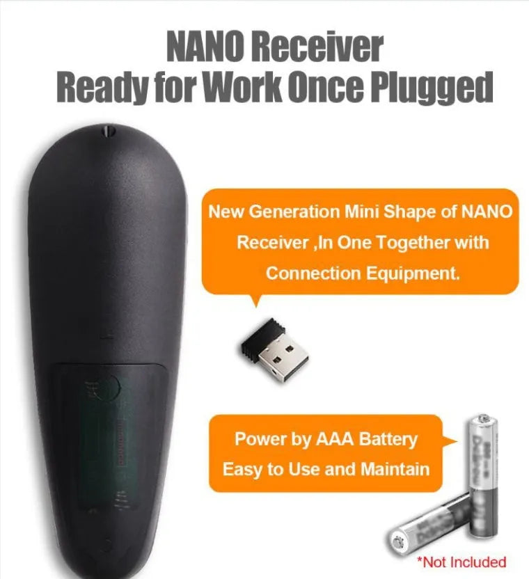 G30 wireless keyboard air mouse remote control with nano USB receiver on a table.