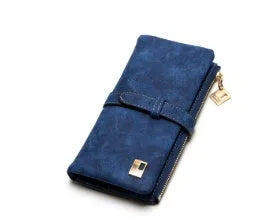 TAUREN retro matte leather women's long wallet open showing card slots and zip closure