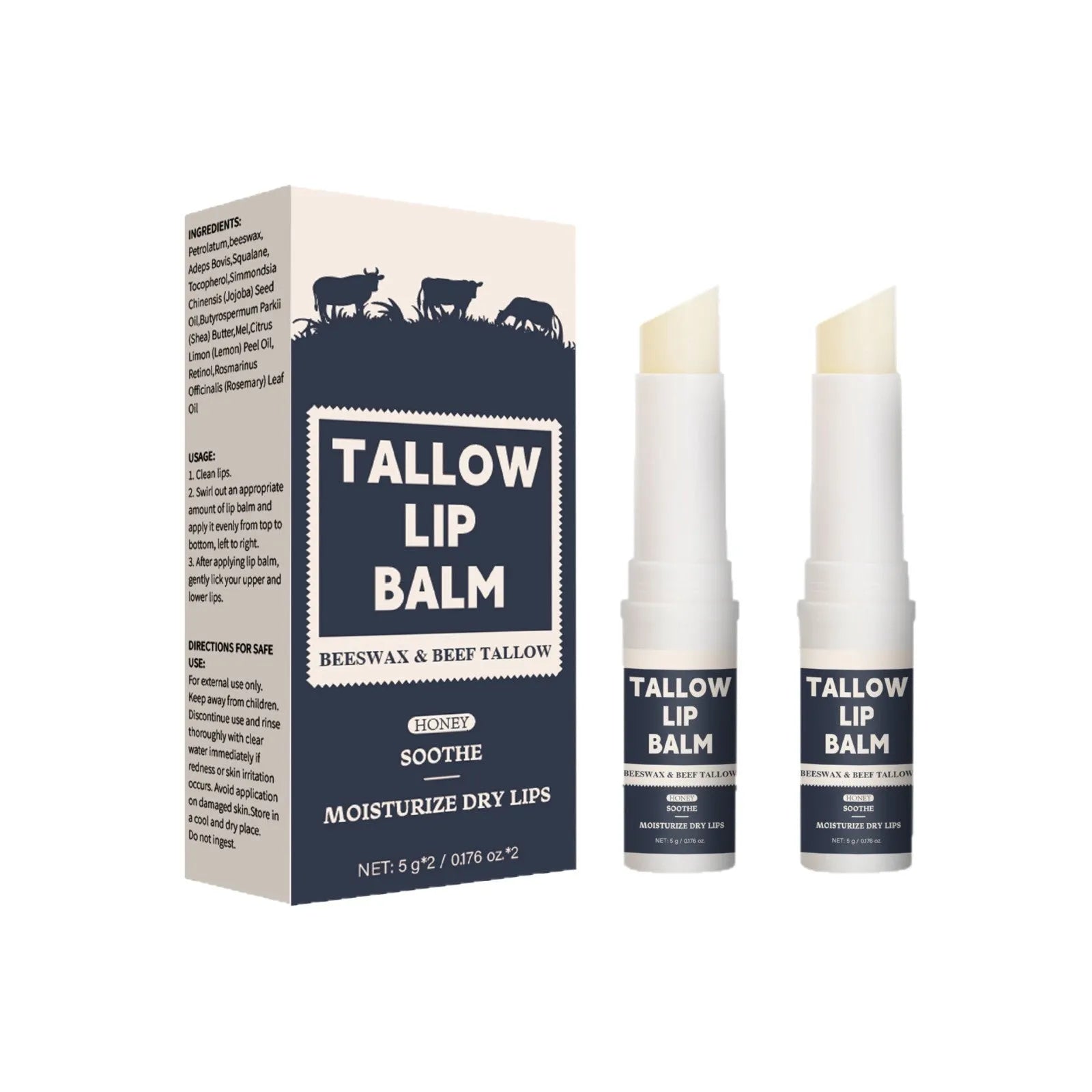 Two standard-size beef tallow lip balm tubes with light grain texture for soft, full lips