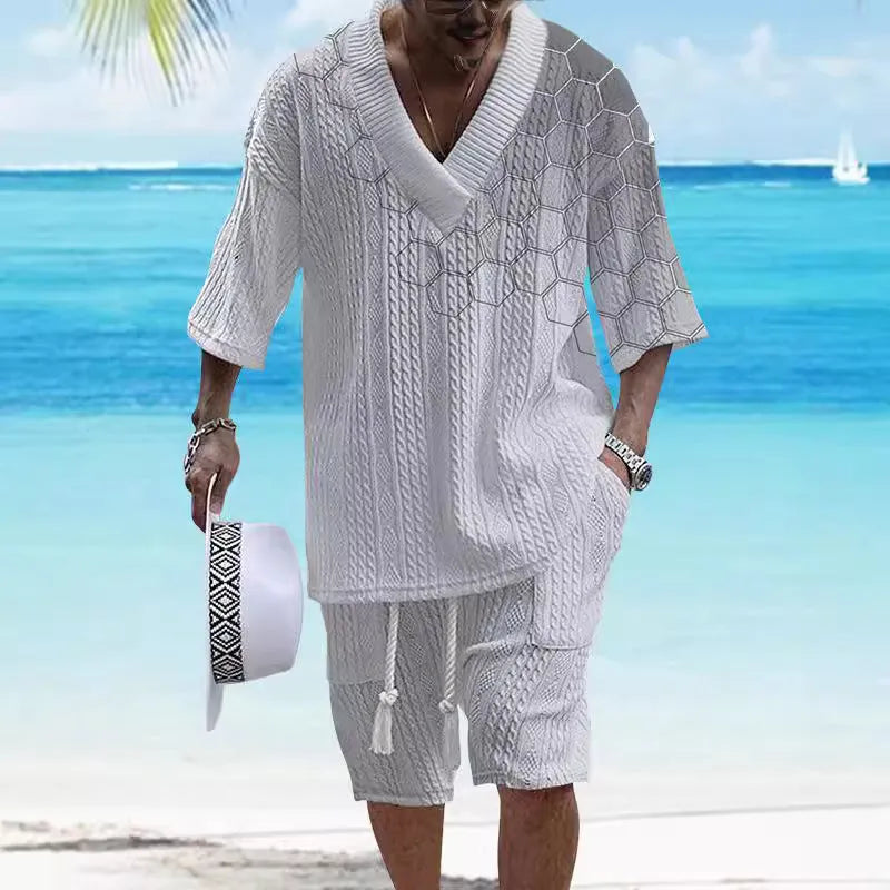 Men's printed drop-shoulder knitted short-sleeve top with matching shorts, a casual suit set.