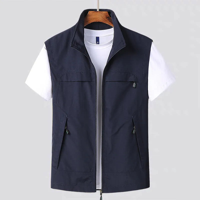 Men's striped waterproof vest with multiple pockets and hood in chemical fibre blend fabric