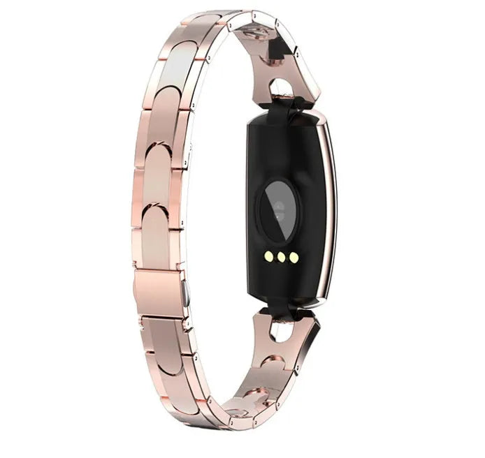 Smart bracelet with 0.96 inch TFT screen showing fitness data, available in Rose Gold, black, and silvery colours, IP67 waterproof design