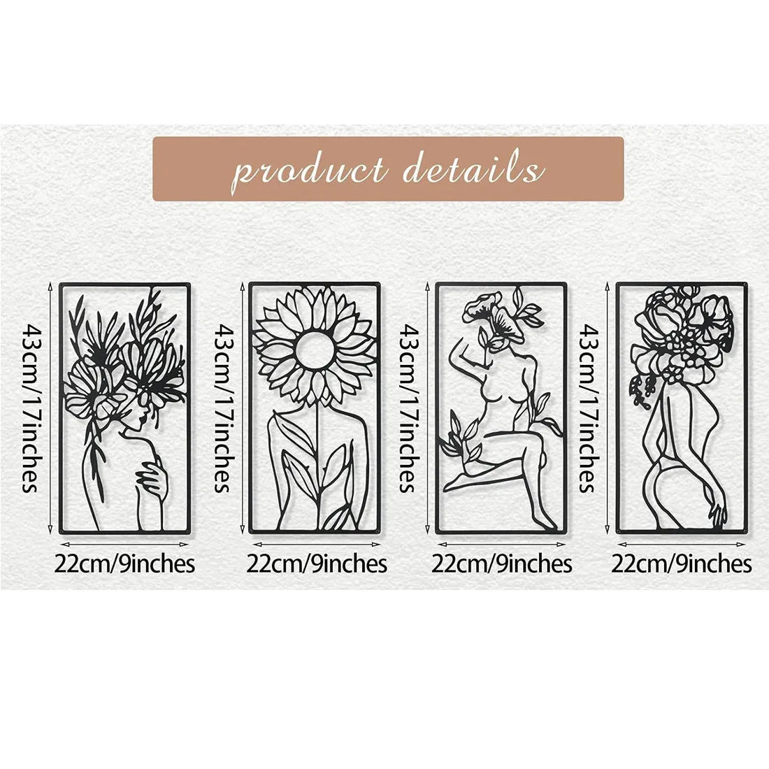 Set of four iron human body partial wall decorative paintings, modern simplicity style, each 17 by 10 inches