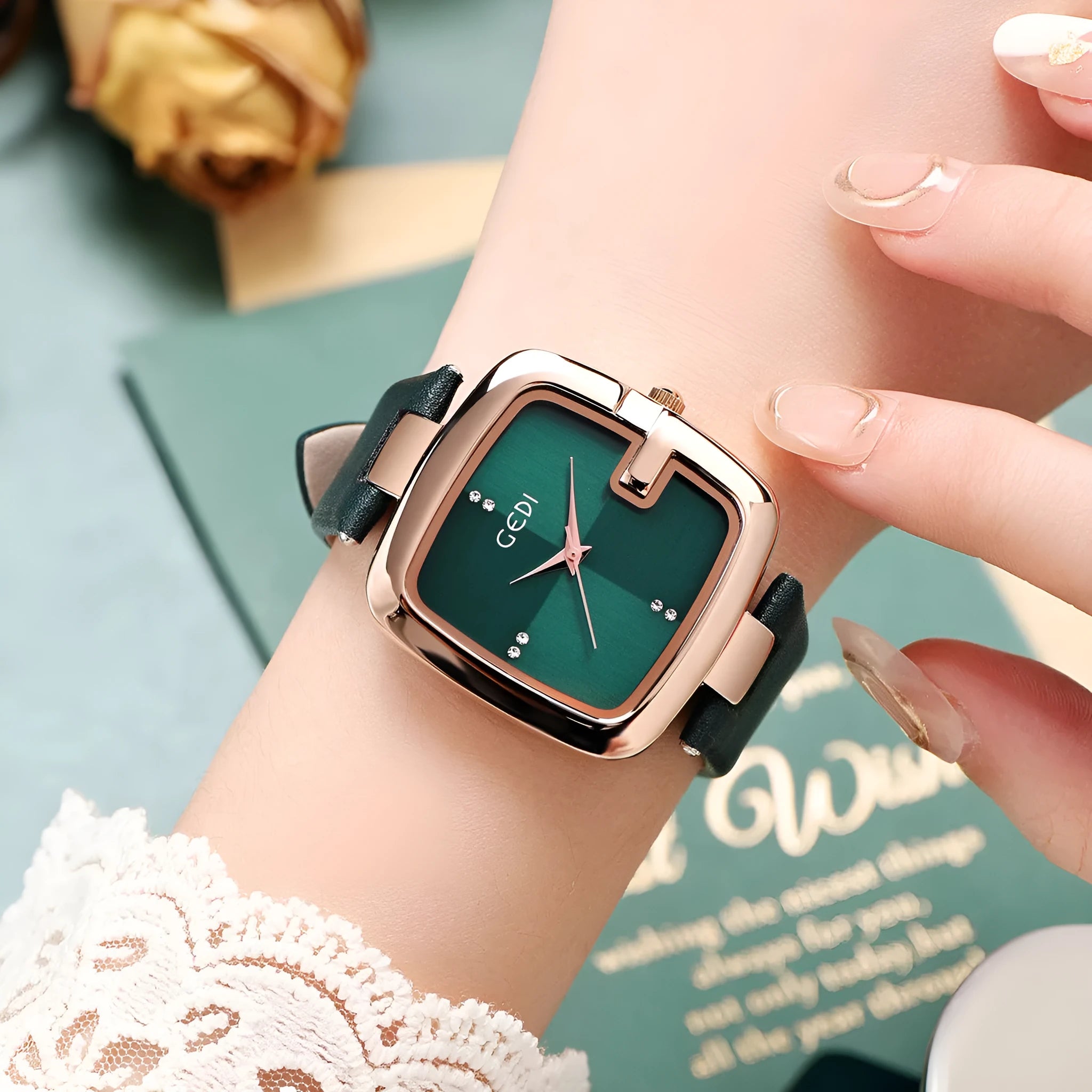 Women's leather strap quartz watch with 36mm dial and hardened glass in multiple colours