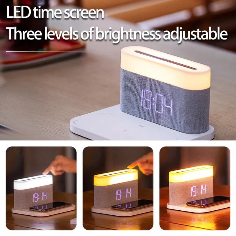 Modern black and white wireless charging desk clock with integrated night light and table lamp.