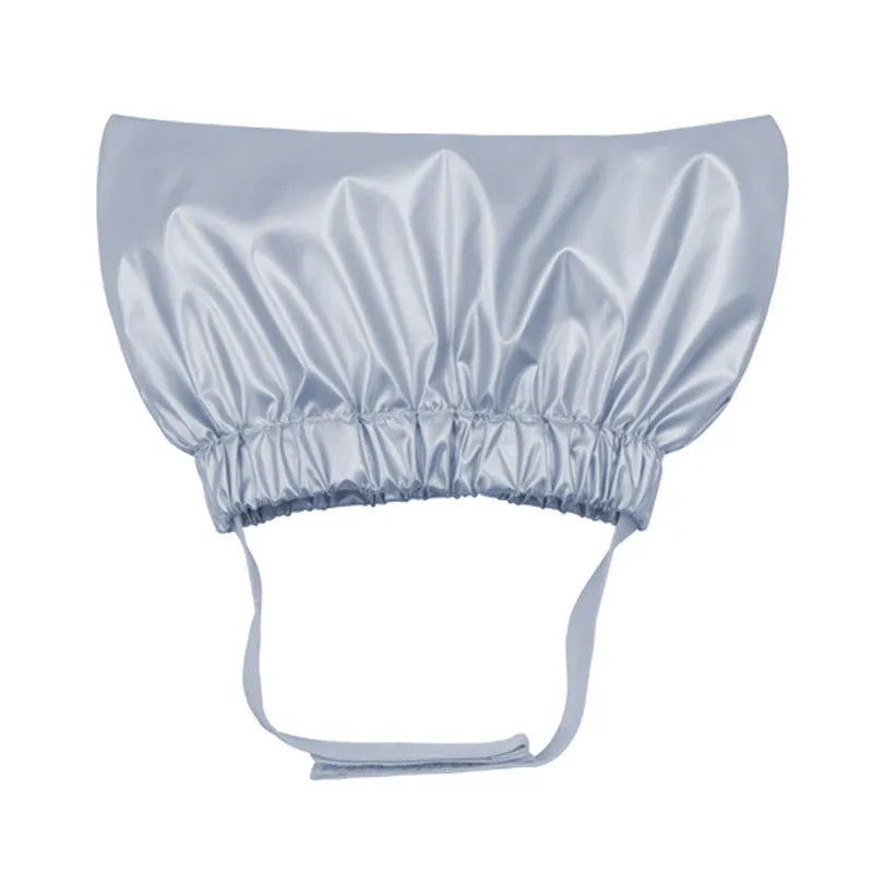 Adjustable ear-proof pet shower cap in non-woven fabric, shown in gold, pink, and silver colours.