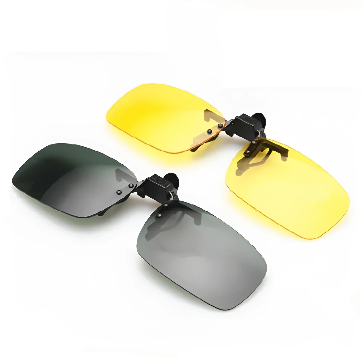 Myopia sunglasses clip in PC material for driving, shown in dark green, grey, and night vision lens options.