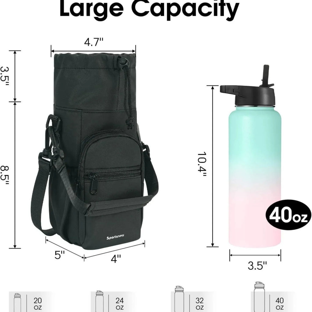 Black cloth crossbody water bottle pouch shown holding a bottle.