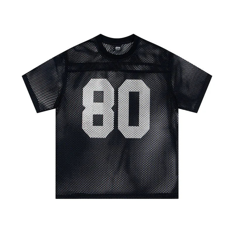 Cotton sports jersey letter print short sleeve pullover in black, loose fit, front view