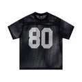 Cotton sports jersey letter print short sleeve pullover in black, loose fit, front view