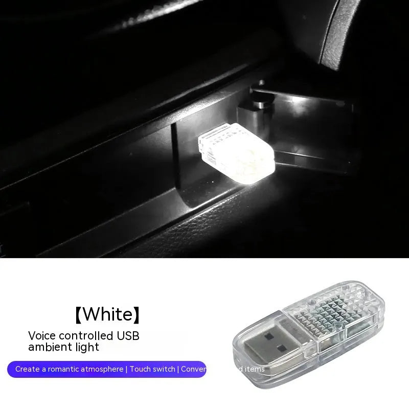 Multi-function car USB atmosphere light with touch switch and RGB voice control on a car dashboard