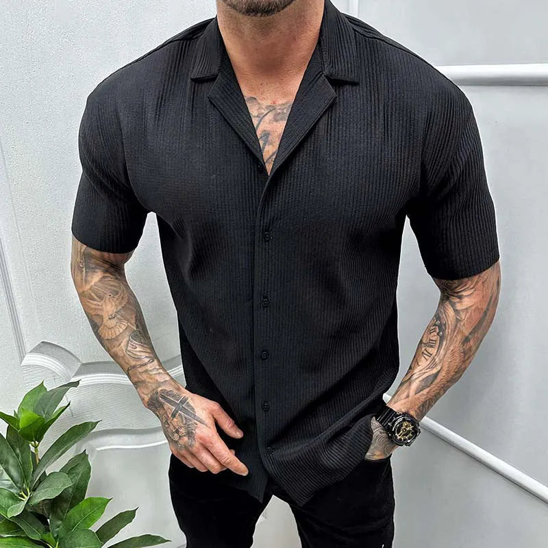 Men's cardigan solid colour short sleeve shirt in cotton blend, available in black