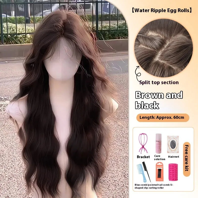 Women's long curly synthetic wig with side bangs in brown colour options