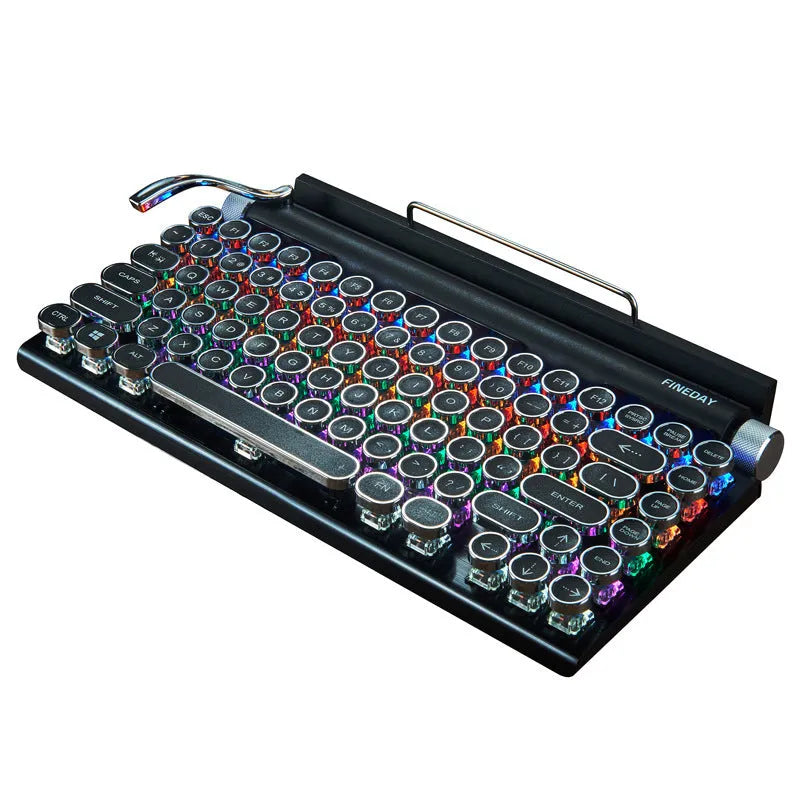 Black retro-style Bluetooth mechanical keyboard with RGB backlight on a wooden desk