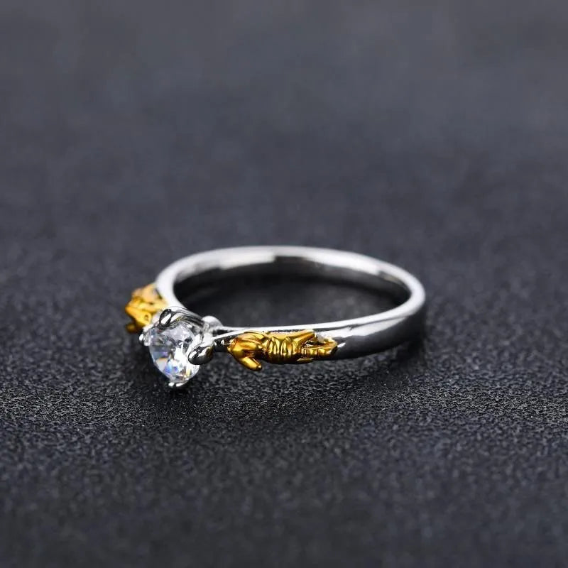 Copper cosplay ring with crown design in black gold finish on size display
