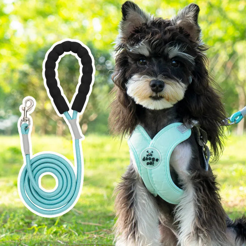 Polyester dog vest and matching hand holding rope leash set in blue, green, pink, or yellow.