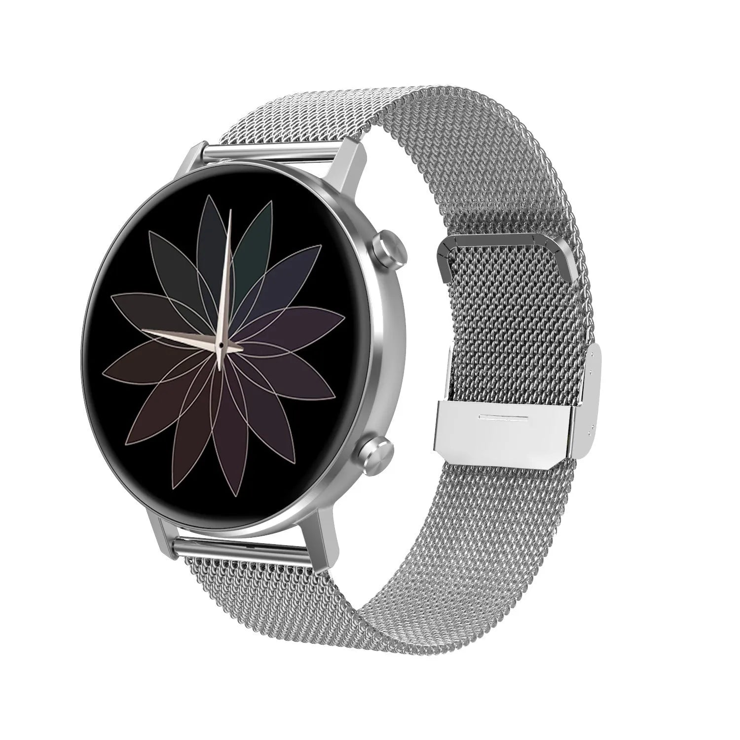 DT96 smart fitness tracker with stainless steel strap on a wrist, showing its colour display.