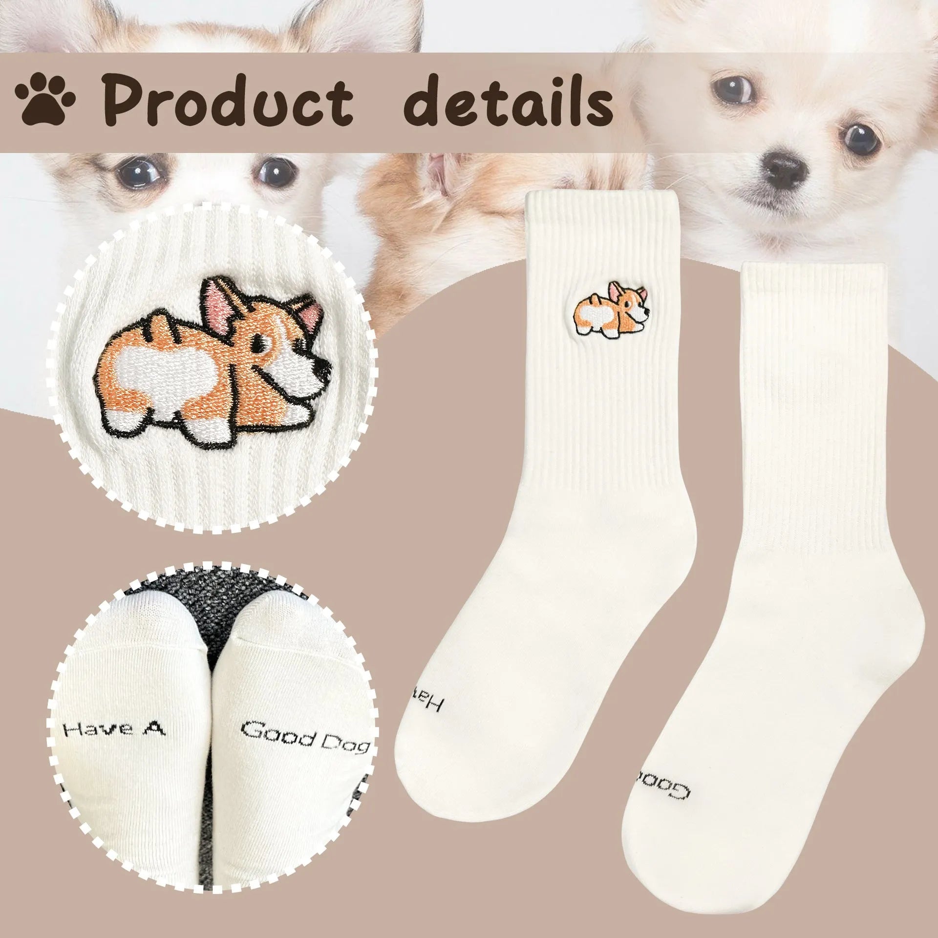 White cotton tube socks with printed Corgi dog pattern on a white background