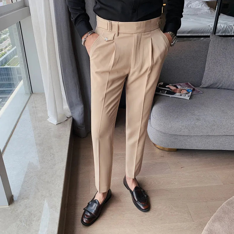 Straight leg casual trousers in solid colours on a size chart background.