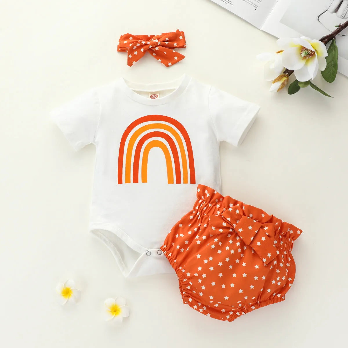 Girls' cotton rainbow romper three-piece set in beige with top, shorts, and cap, short sleeves and shorts length