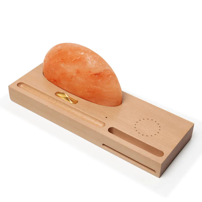Sunrise Oriental LED table lamp with natural crystal salt shade and wireless charging on beech wood base