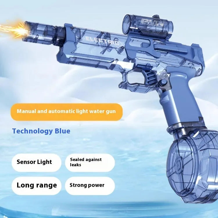 Fire Rat electric water pistol toy with LED lights showing water spray demonstration