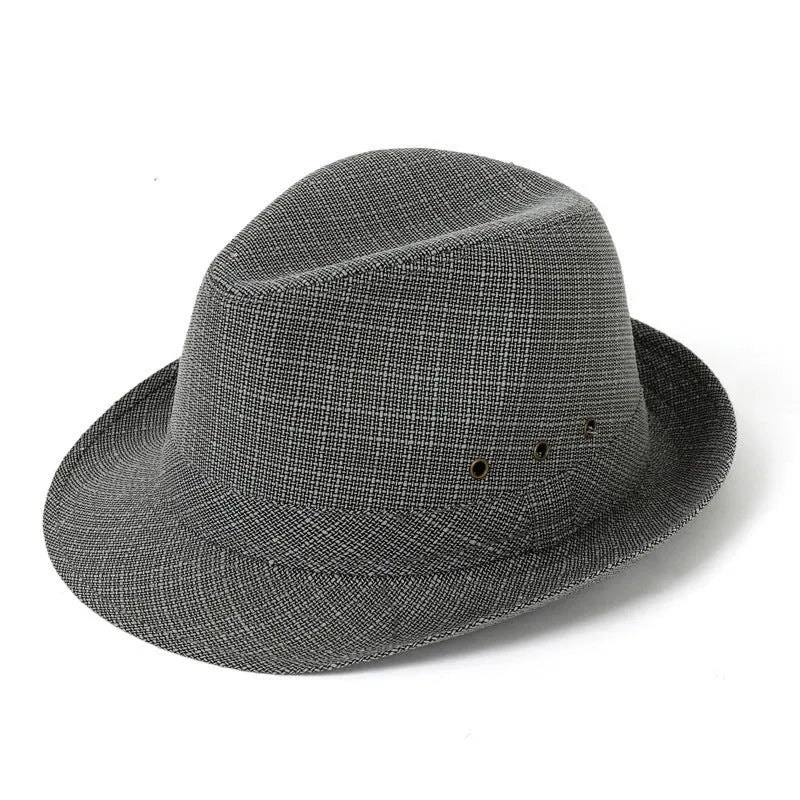 A thickened suit material fedora hat for men shown in a grey colour variant.