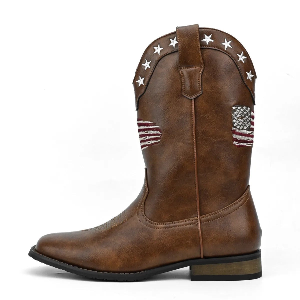 Men's black cowboy boots with a five-pointed star design and low square heel.