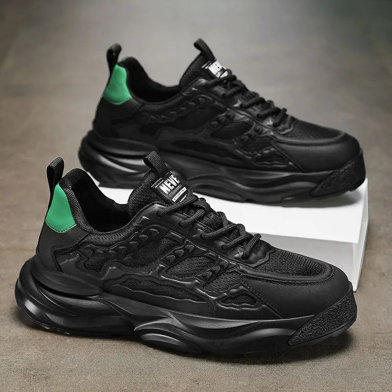 Men's white and black breathable PU mesh casual shoes with round toe, shown in sizes 39-44.
