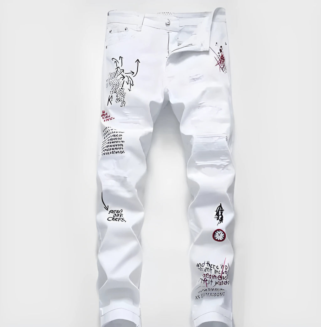 White shredded embroidery jeans for women cotton denim straight leg ankle length high waist distressed pants