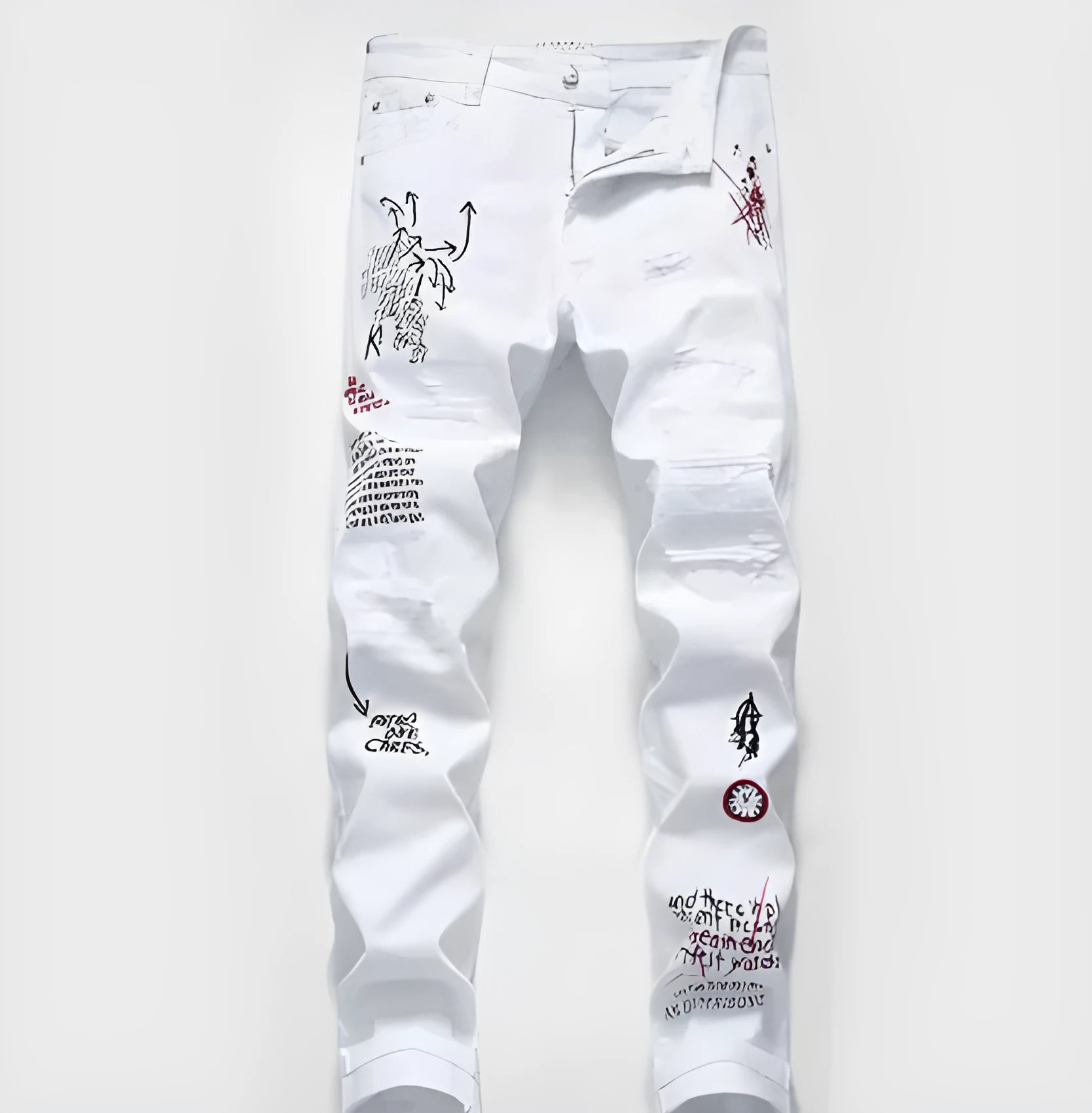 White shredded embroidery jeans for women cotton denim straight leg ankle length high waist distressed pants