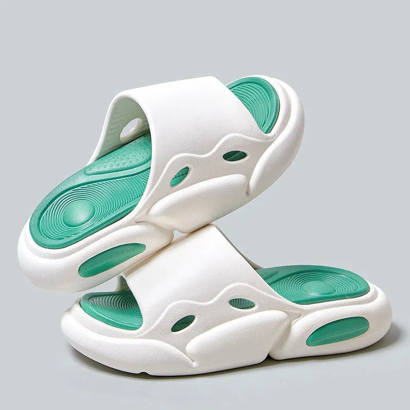 Women's two-colour thick-soled slippers in EVA with leather lining for indoor and beach use
