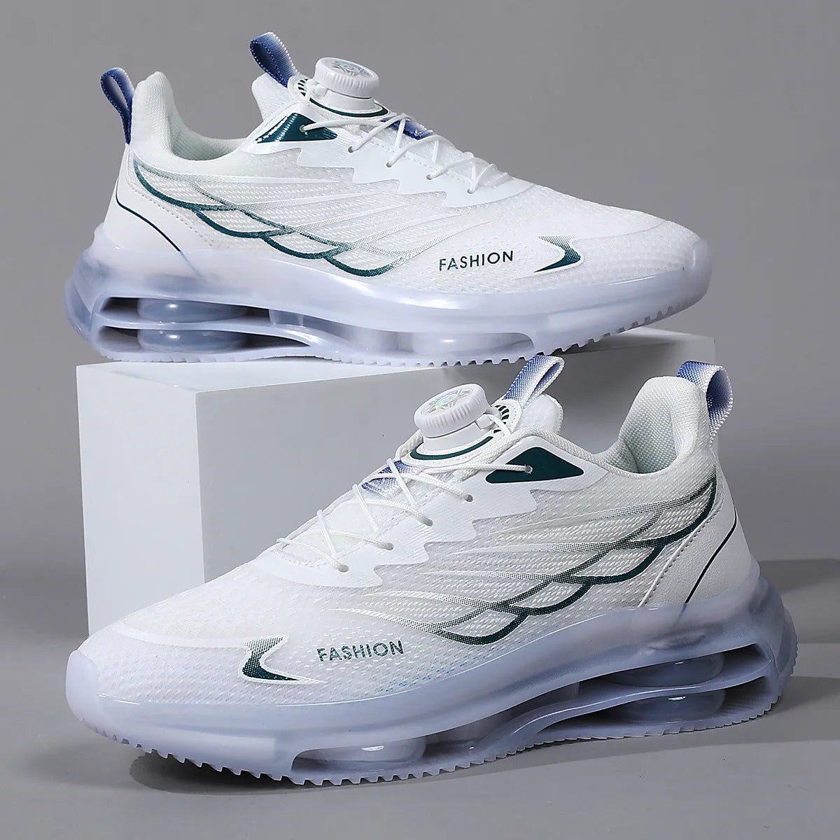 White Korean-style men's casual running shoes with mesh upper and rubber sole on size 39-45 display