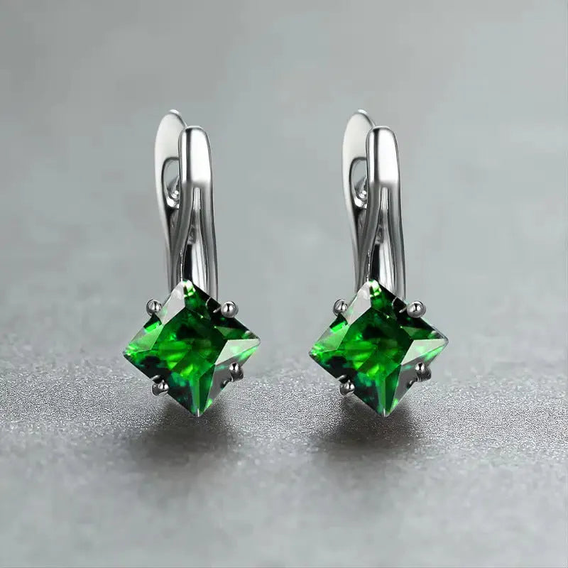 Women's copper earrings with diamond design pattern and zircon inlaid gemstones in blue, green and colour variations