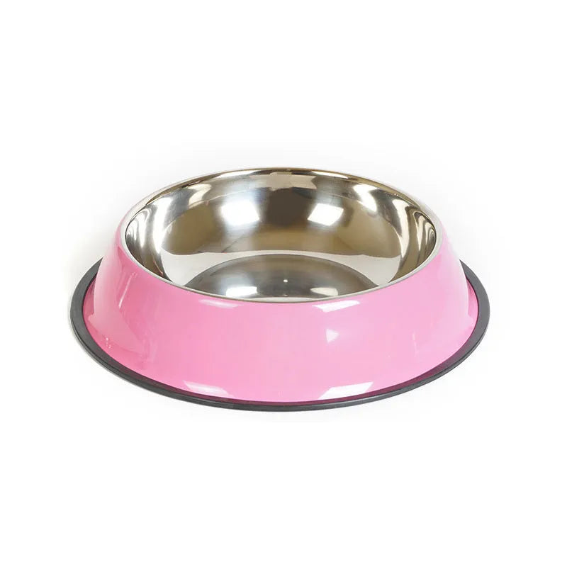 Stainless steel pet bowl with colourful melamine outer pot showing non-slip rubber base