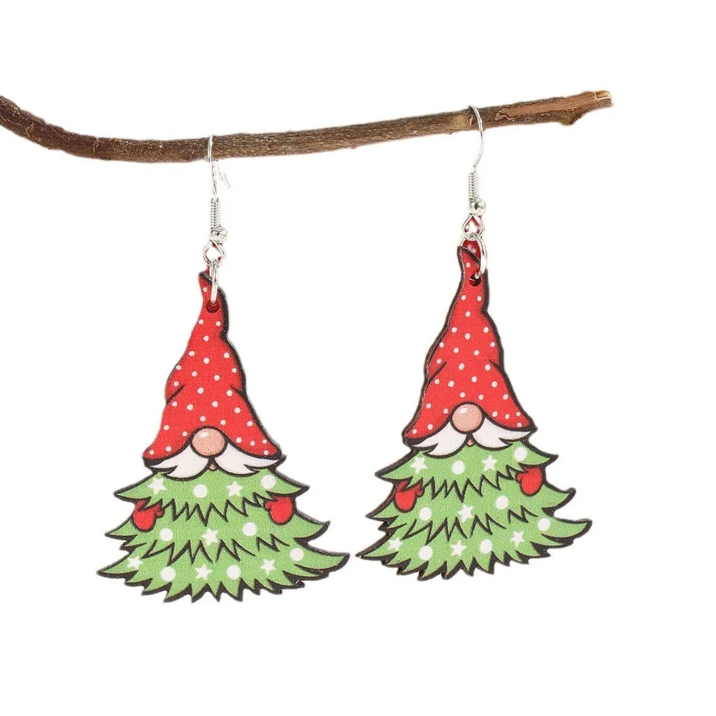 Wooden Christmas earrings with printed tree and snowman designs