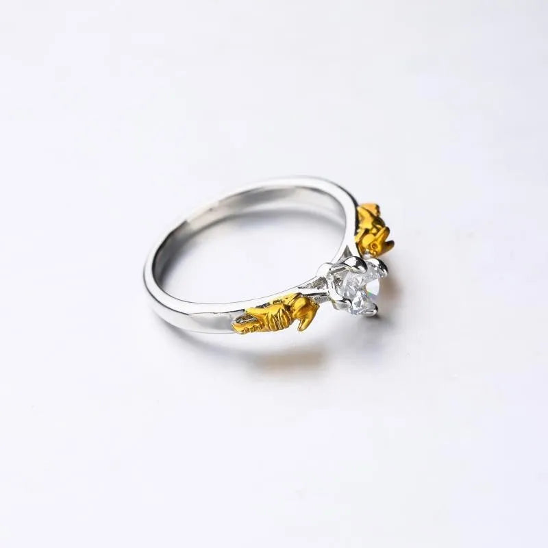 Copper cosplay ring with crown design in black gold finish on size display