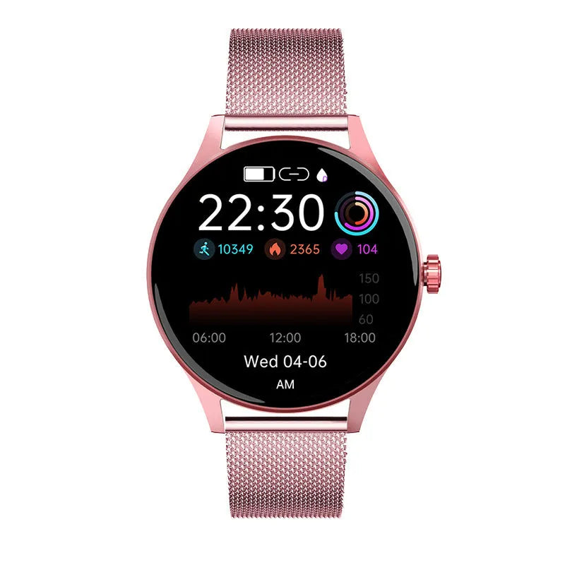 Smart watch with blood glucose and heart rate monitoring on a coloured AMOLED screen.
