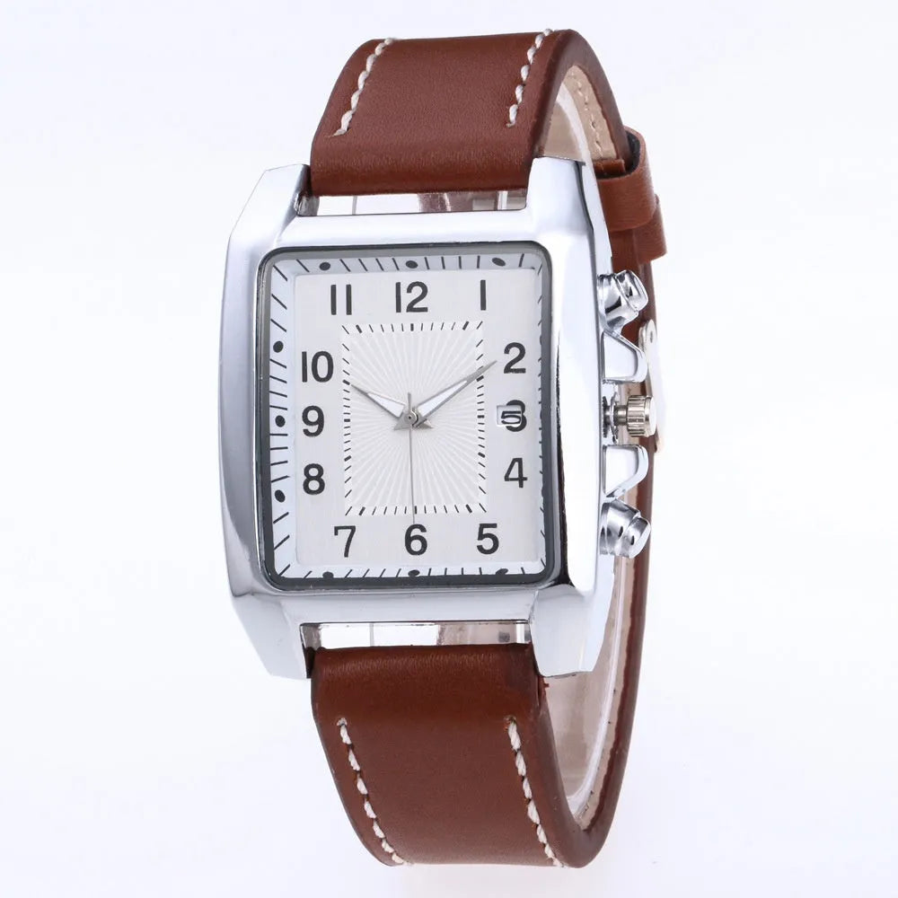 Men's quartz analogue watch with leather band and metal case, easy to read dial