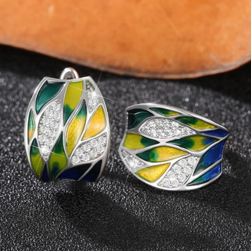 Pastoral style green mori enamel zircon ear clips with leaf motif, white gold colour on copper base