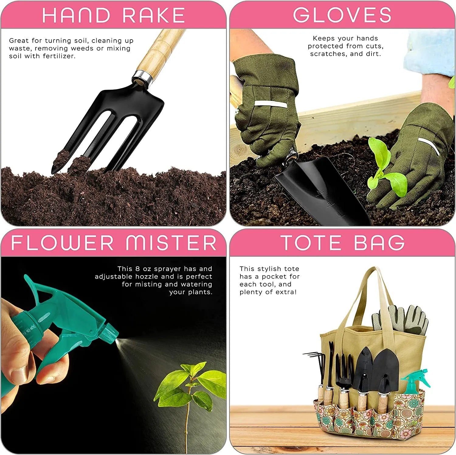 Stainless steel gardening hand tools set of eight pieces including trowel and fork on a garden surface