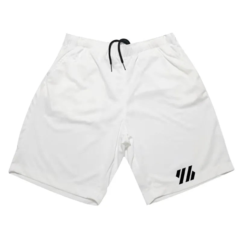 Men's loose black metal silk polyester sports shorts for running, laid flat.