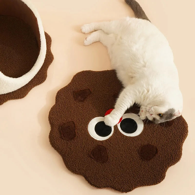 Khaki sandwich cookie shaped cat bed made from faux fur, closed design for cold weather sleeping