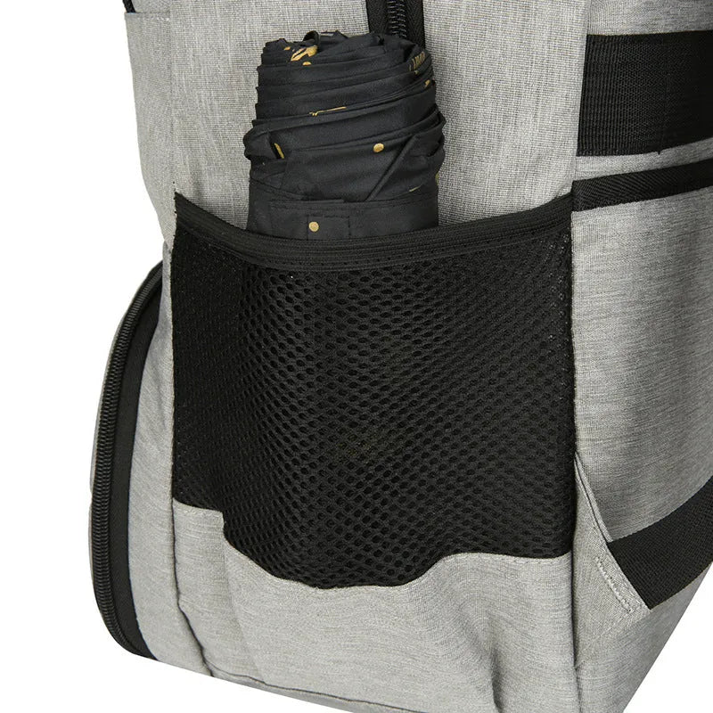 Oxford cloth insulated picnic backpack with curved straps, shown in light grey colour with pull rod belt attached.