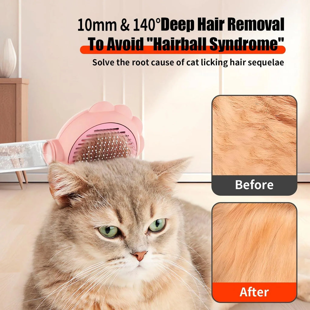 Grey self-cleaning cat brush with spray function and stainless steel bristles on a white background.