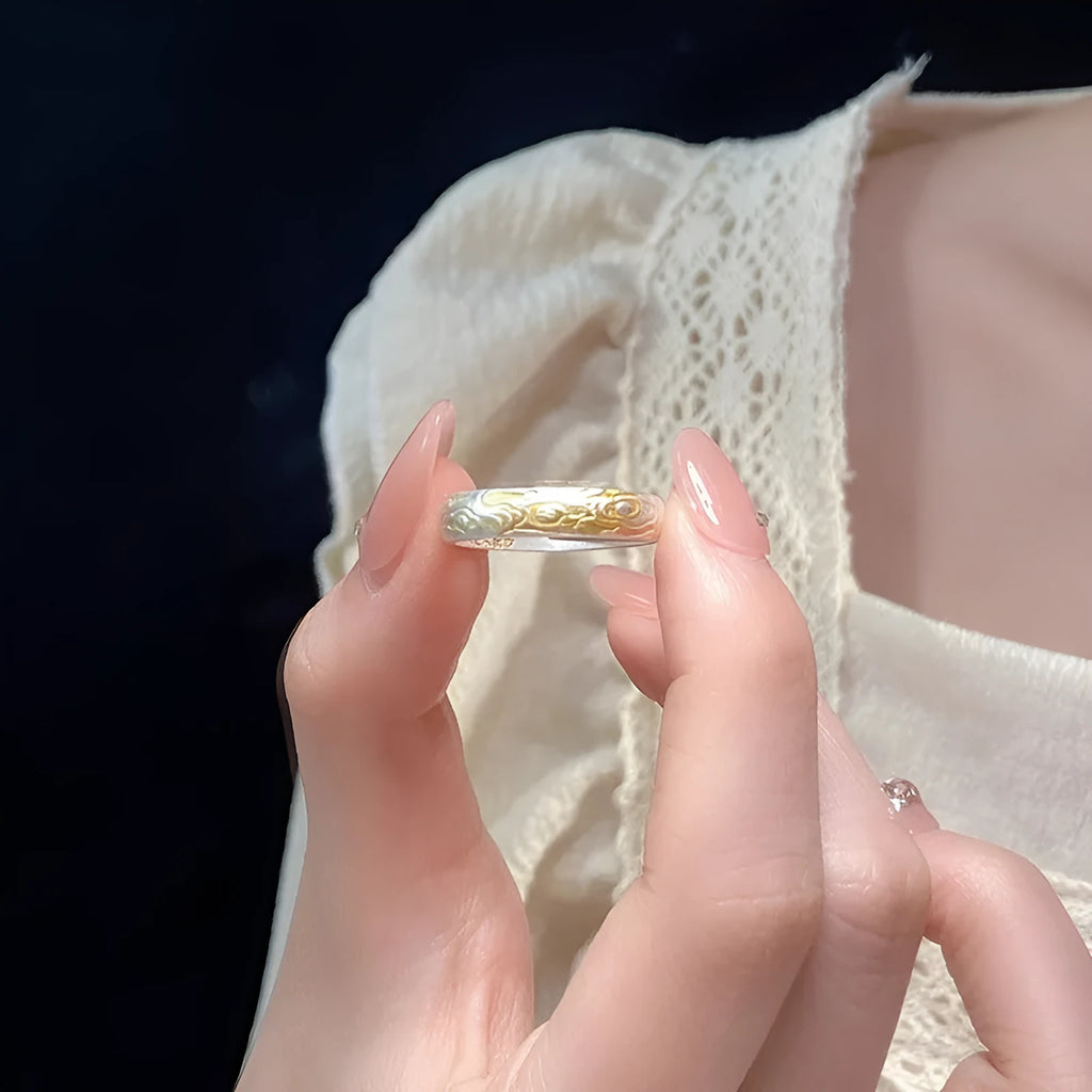 J14 Xiangyun open mouth ring with geometric pattern and gold silver electroplating on white copper