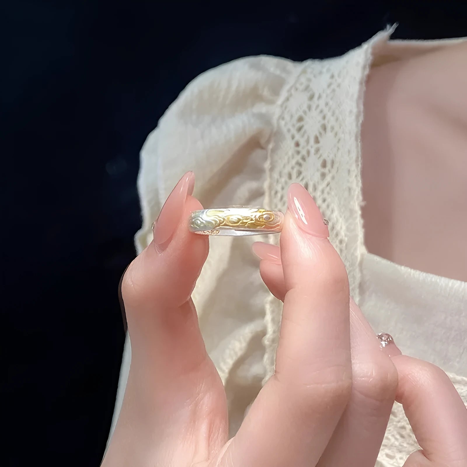 J14 Xiangyun open mouth ring with geometric pattern and gold silver electroplating on white copper